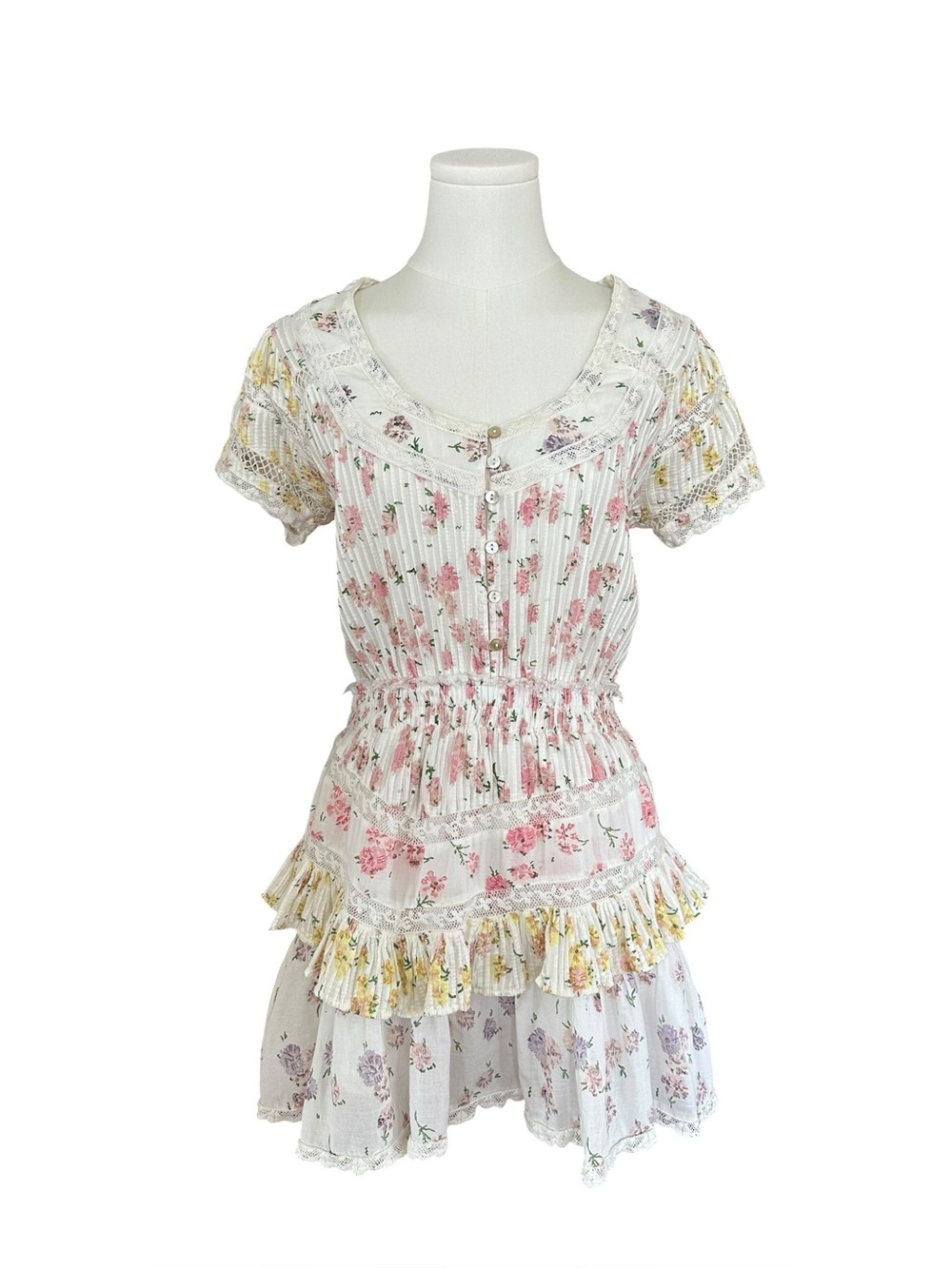 LoveShackFancy Mixed Floral Lace Pintuck Mini Dress | Size S